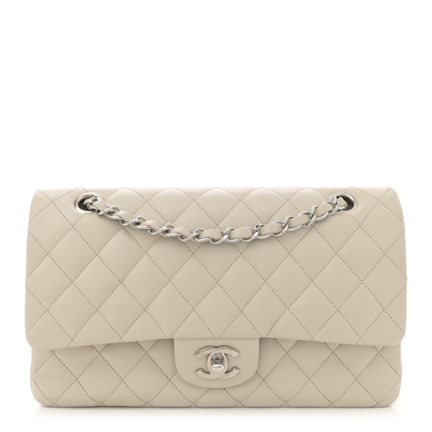 Lambskin Quilted Medium Double Flap Light Grey