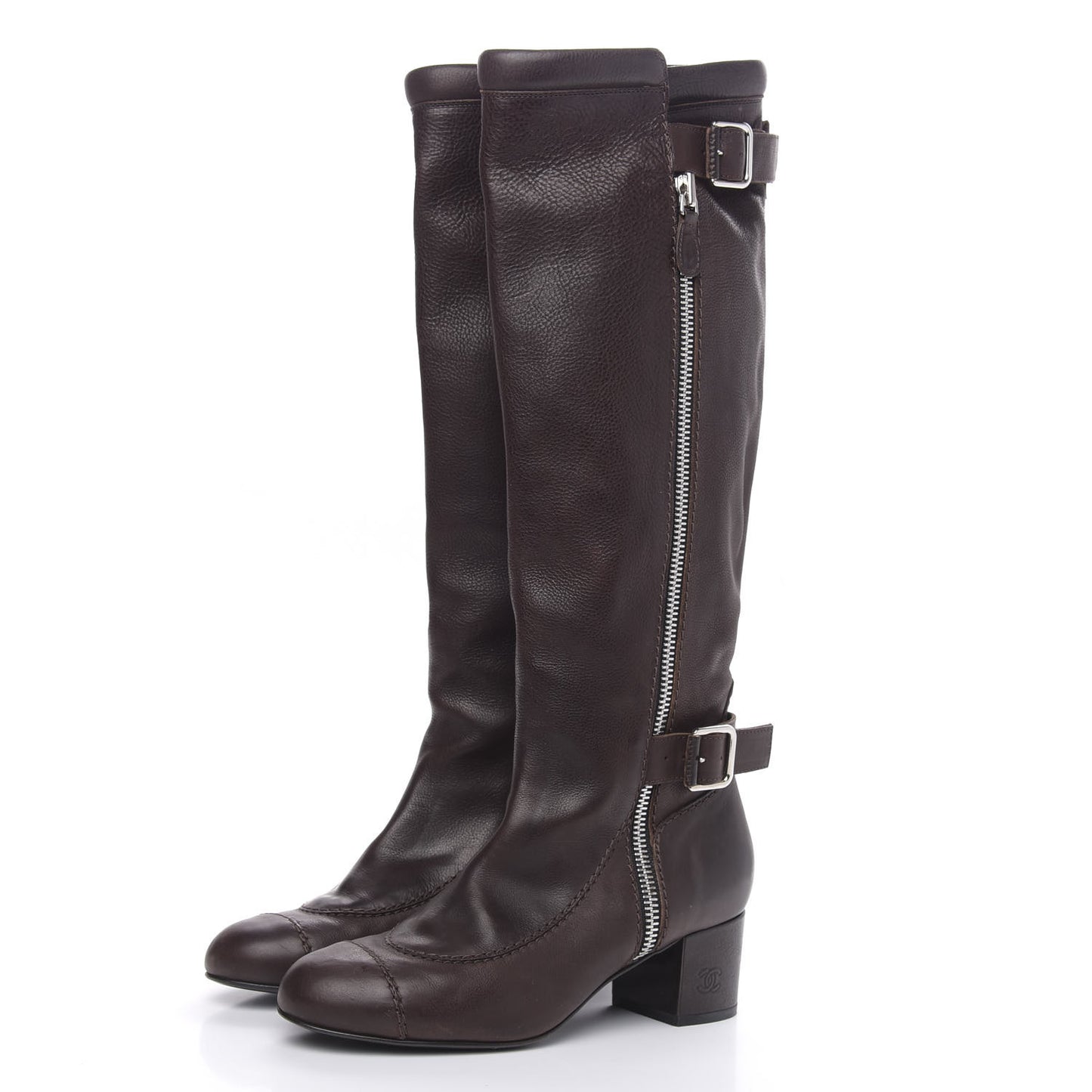 Calfskin Zipper Buckle Knee High Tall Boots 40 Brown