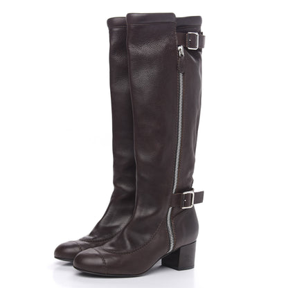 Chanel Calfskin Zipper Buckle Knee High Tall Boots 40 Brown 3 of 9