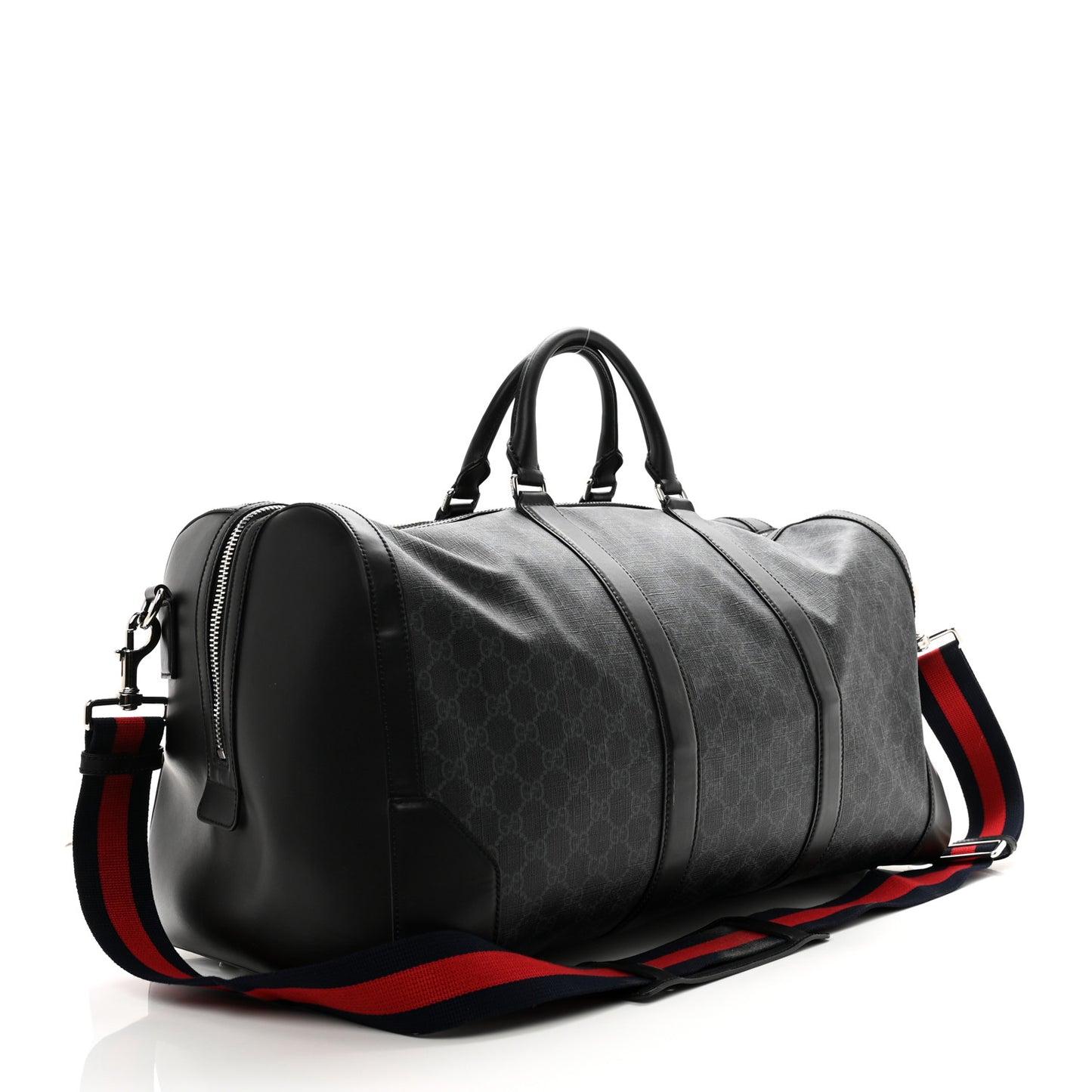Soft GG Supreme Monogram Appia Calfskin Web Large Carry On Duffle Bag Black Grey