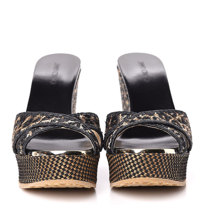 Jimmy Choo Woven Raffia Leopard Print Perfume Wedge Sandals 37.5 Black 2 of 10