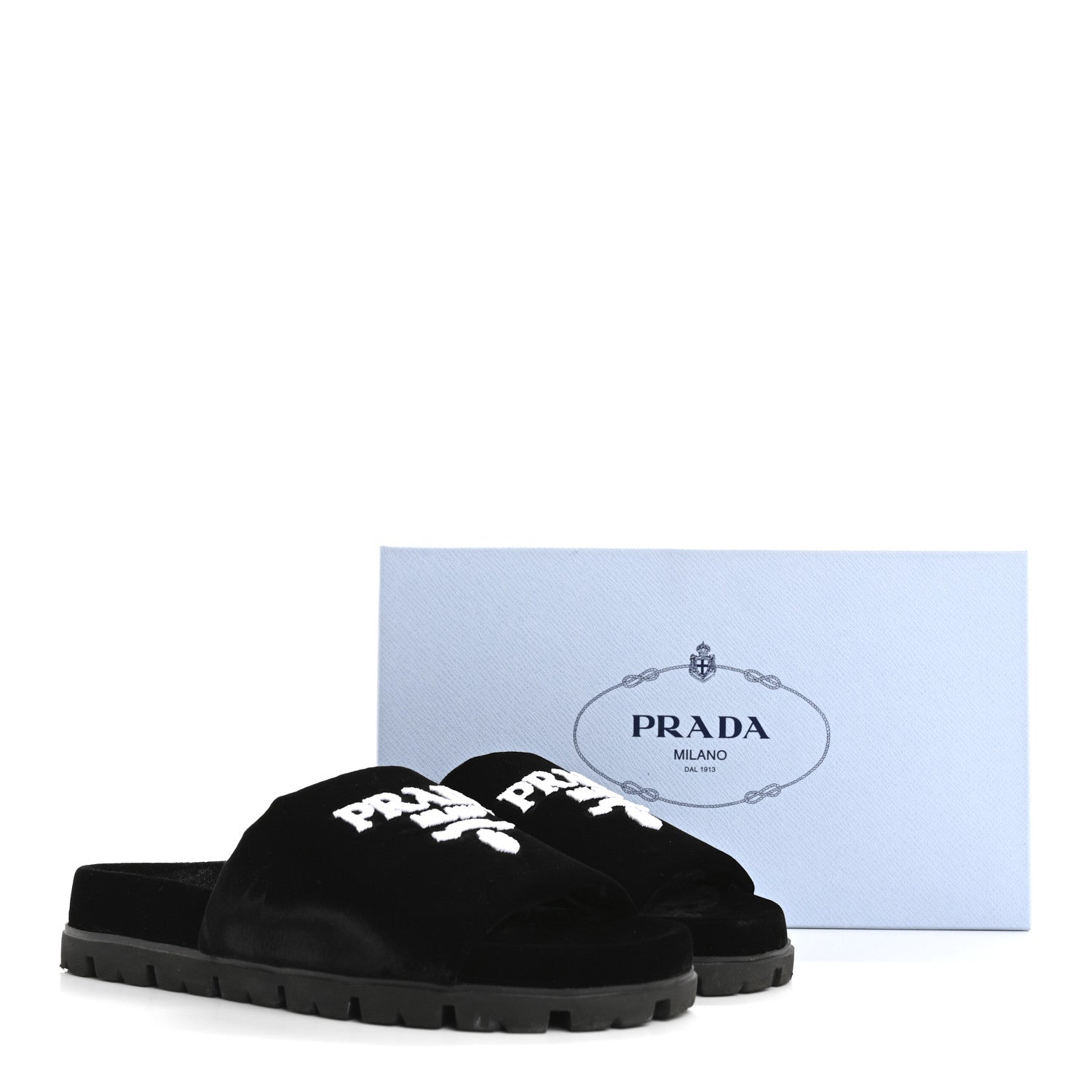 Prada Velvet Logo Lug Sole 20mm Slide Sandals 38.5 Black 1715215