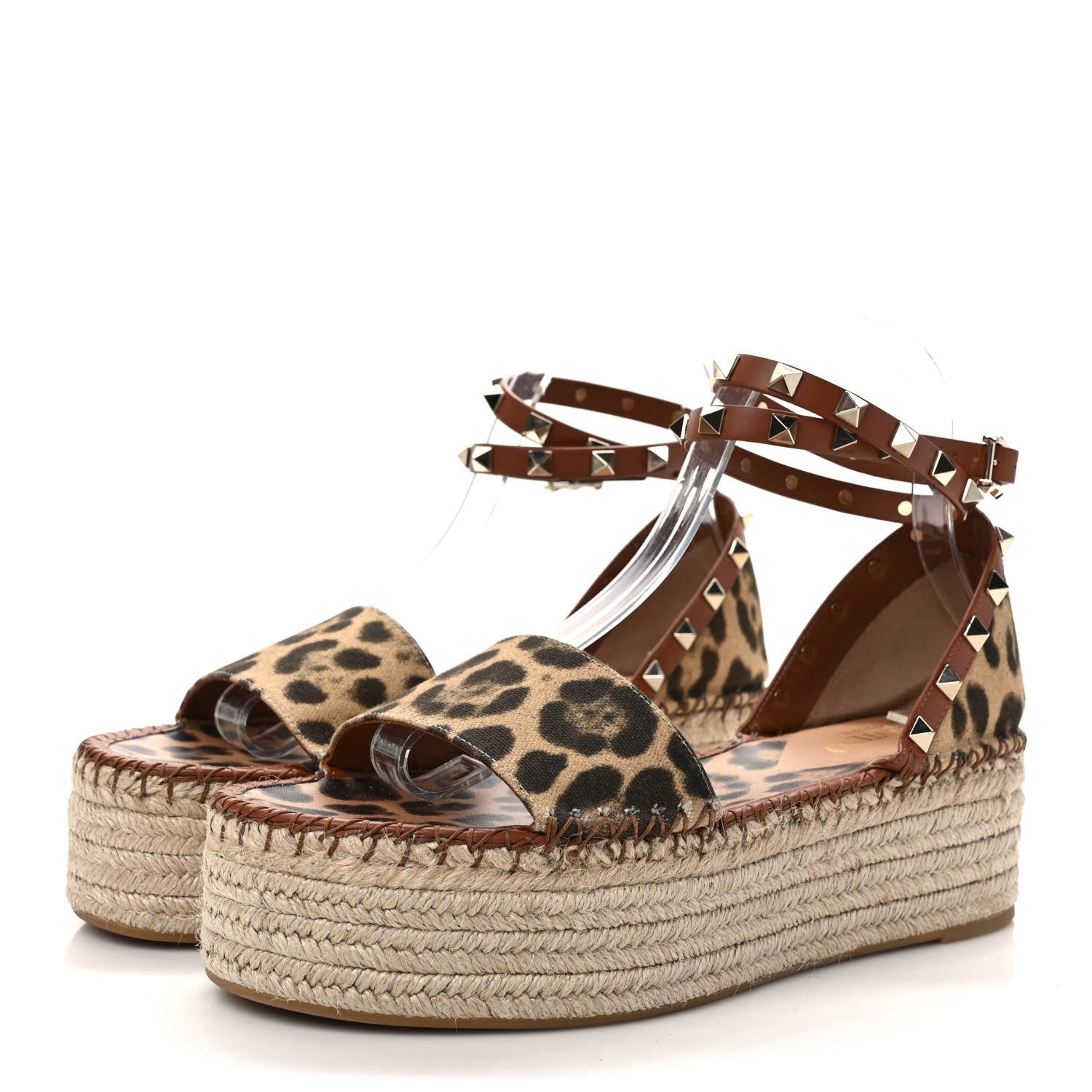 Valentino Garavani Canvas Leopard Print Rockstud Ankle Wrap Espadrille Flatform Sandals 39 Brown 3 of 7