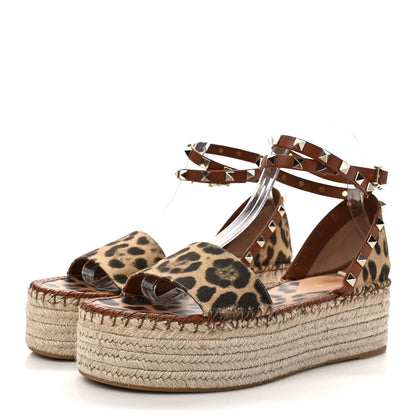 Valentino Garavani Canvas Leopard Print Rockstud Ankle Wrap Espadrille Flatform Sandals 39 Brown 3 of 7