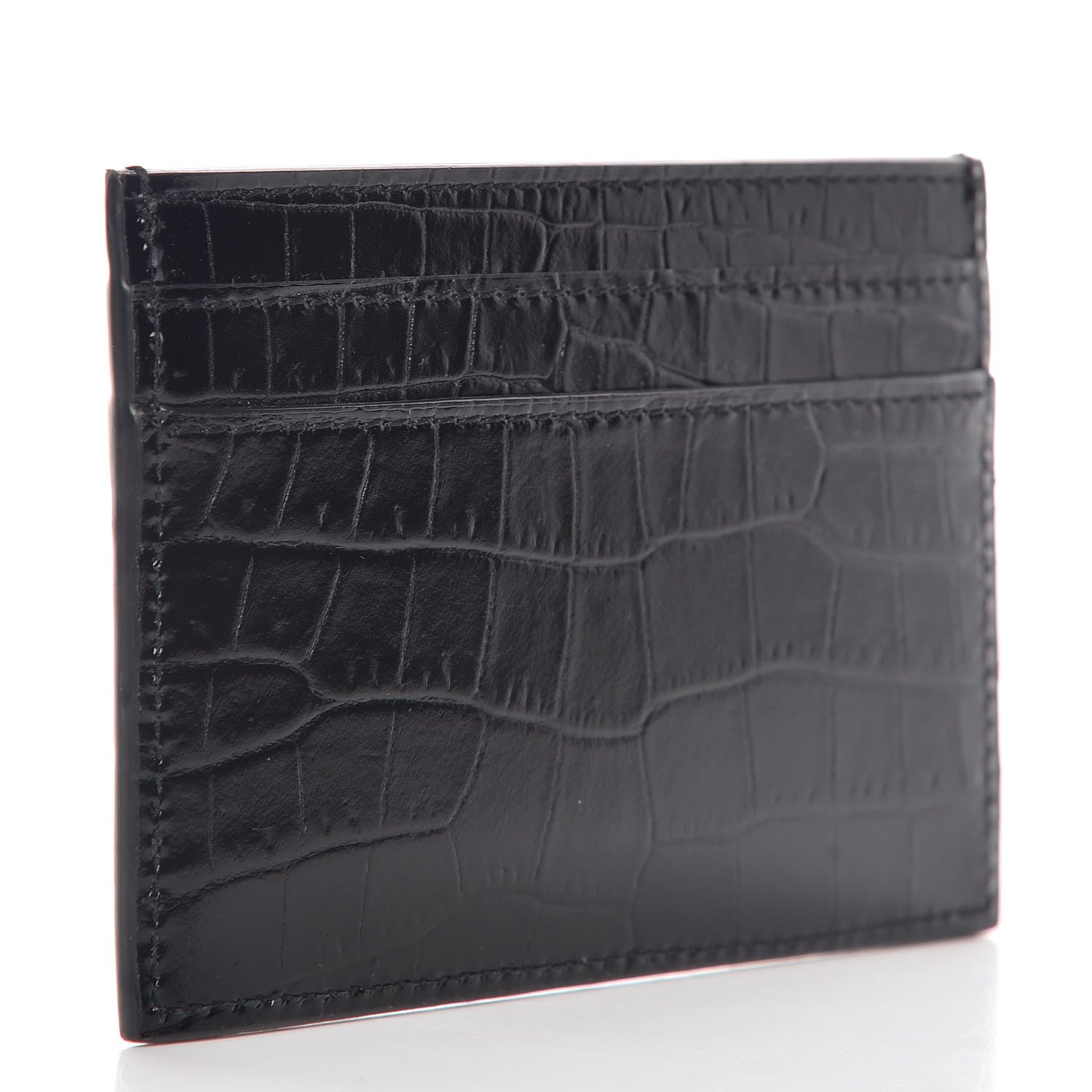Saint Laurent Calfskin Crocodile Embossed Monogram Credit Card Case Black 3 of 8