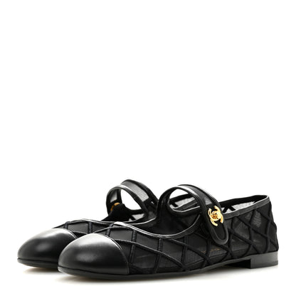 Chanel Lambskin Fabric Mesh Quilted Mary Jane Cap Toe Flats 37 Black 4 of 9