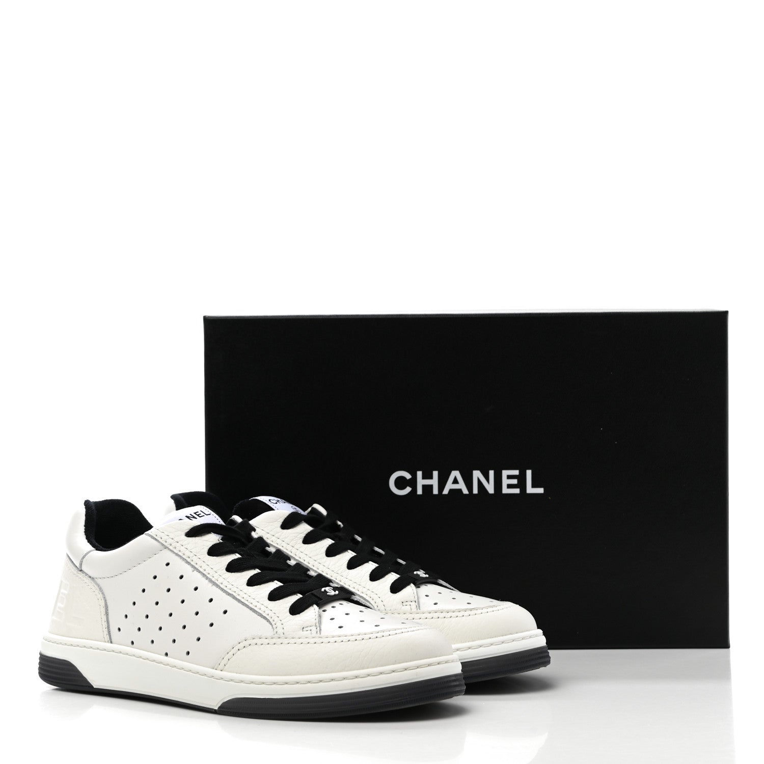 Chanel Grained Calfskin Fabric Womens Logo Sneakers 38.5 White Black 11 of 11