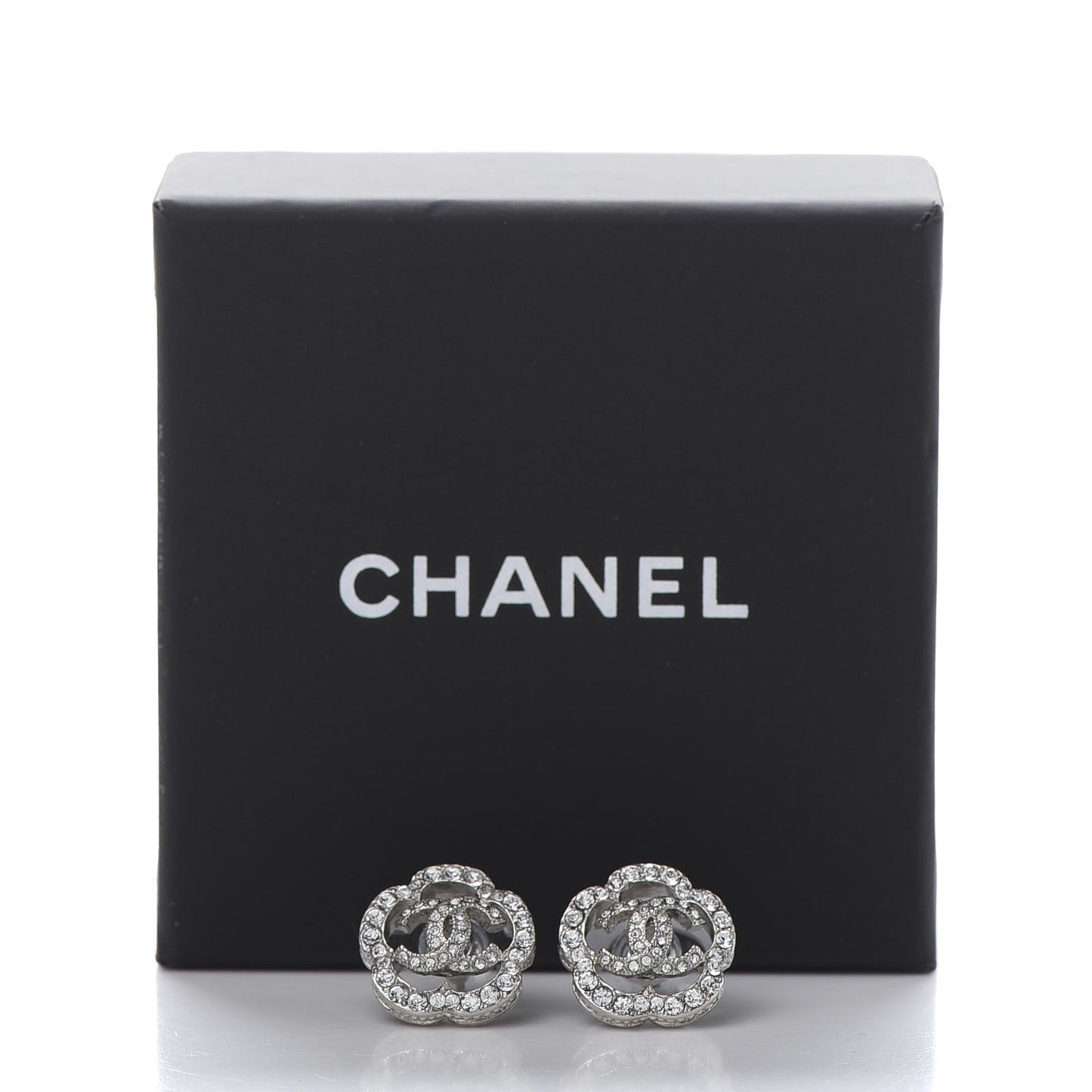 Crystal Coco Flapper Camellia CC Stud Earrings Silver