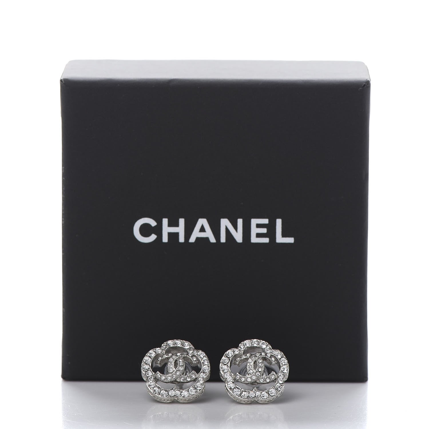 Chanel Crystal Coco Flapper Camellia CC Stud Earrings Silver 5 of 5