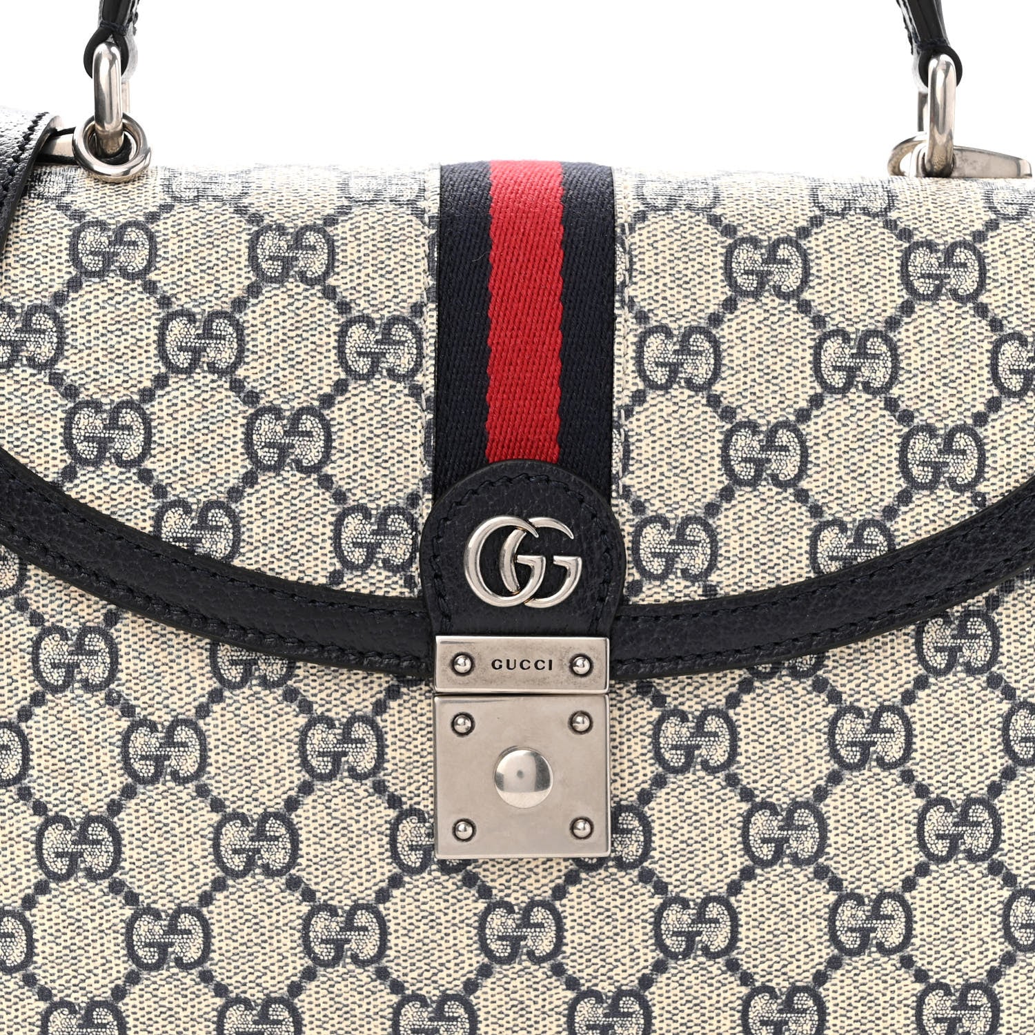 Gucci GG Supreme Monogram Textured Dollar Calfskin Web Small Ophidia Padlock Top Handle Bag Beige Blue 8 of 10