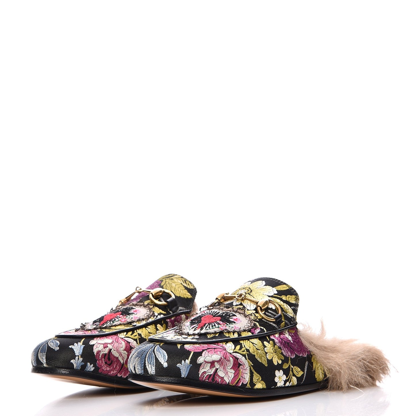 Jacquard Fur Floral Embroidered Womens Princetown Slippers 35.5 Black Multicolor