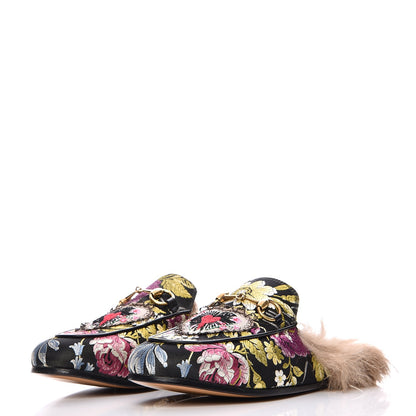 Gucci Jacquard Fur Floral Embroidered Womens Princetown Slippers 35.5 Black Multicolor 2 of 9