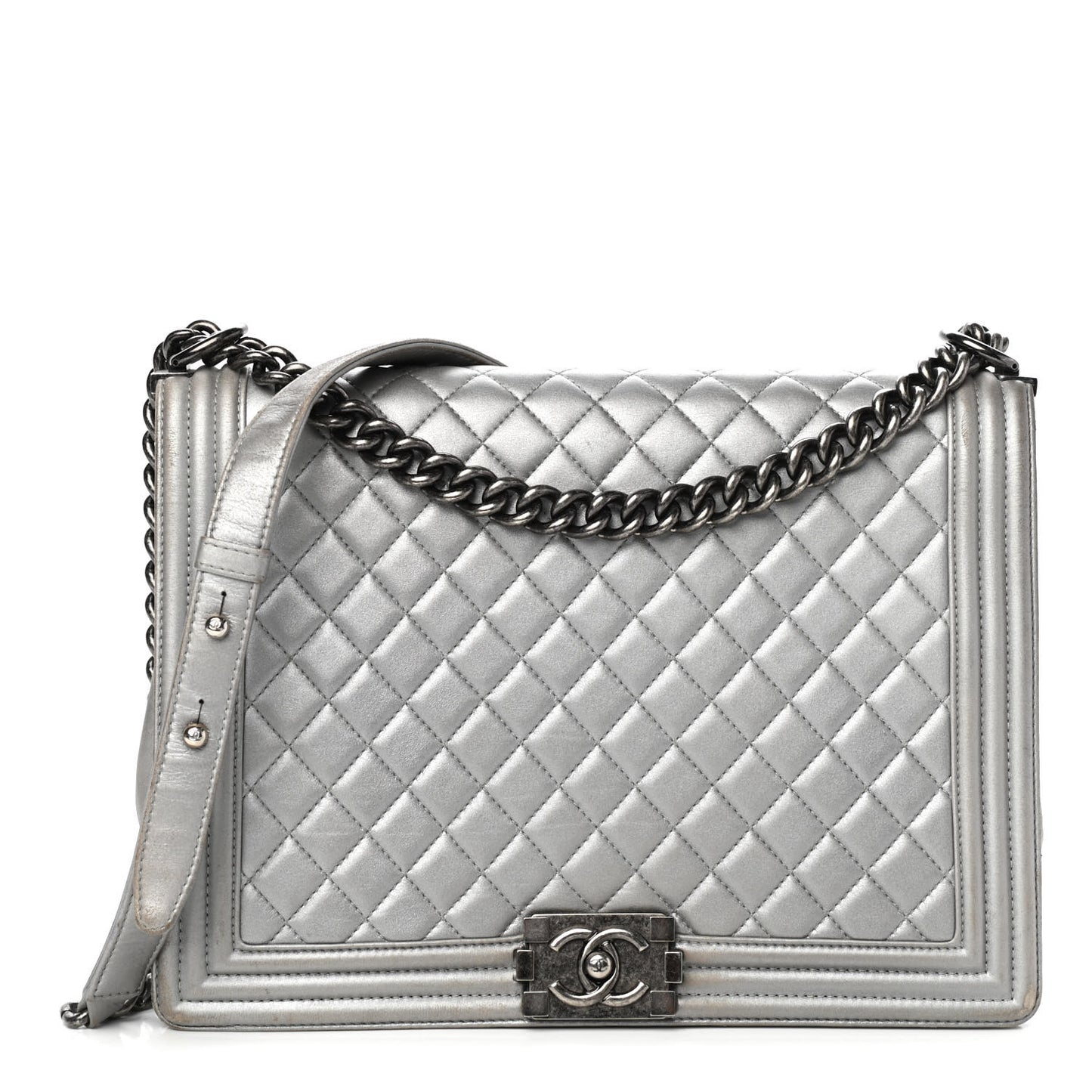 Metallic Calfskin Quilted Large Boy Flap Silver
