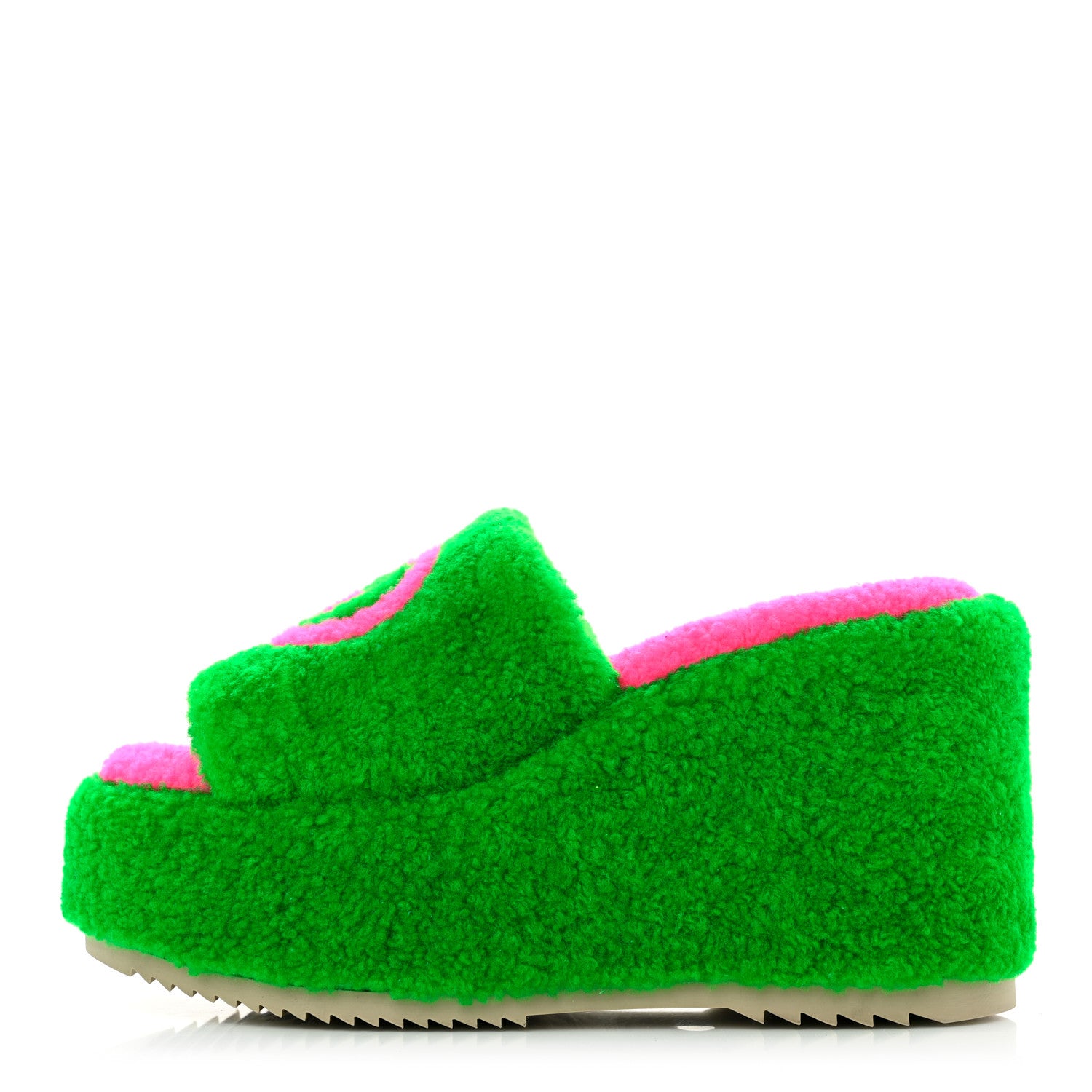 Gucci Shearling Interlocking G Womens Elea Platform Slide Wedge Sandals 38 Green Fluo Fuxia Fluo 1 of 9