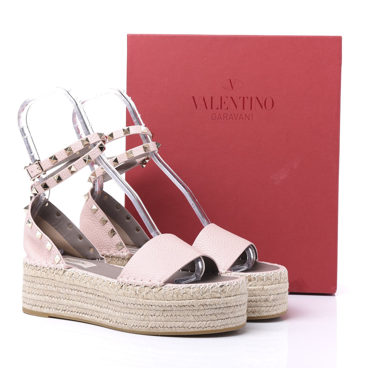 Grained Calfskin Rockstud Ankle Wrap Espadrille Flatform Sandals 39 Rose Quartz