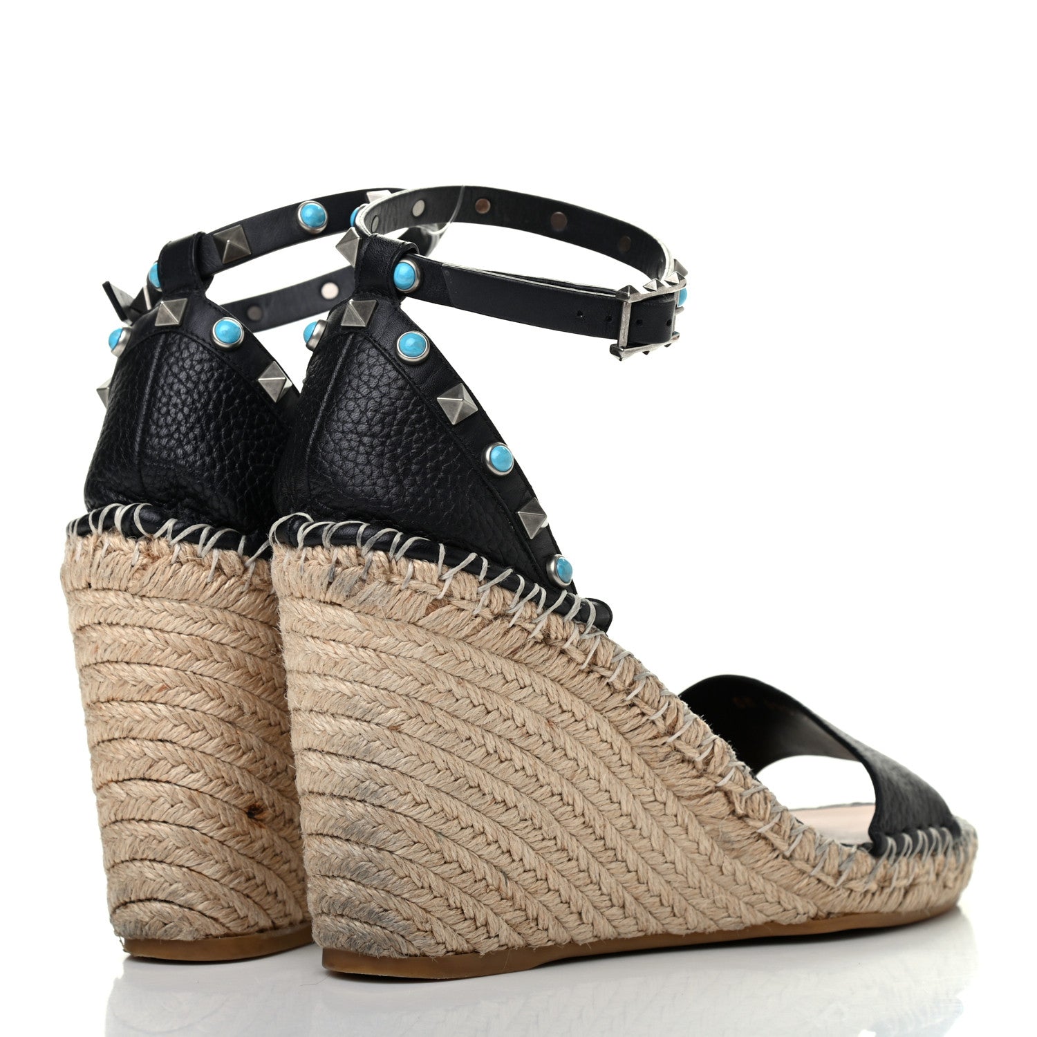 Valentino Garavani Grained Calfskin Rockstud Rolling Ankle Strap Espadrille Wedge Sandals 41 Black 4 of 8