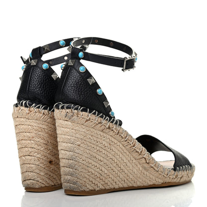 Valentino Garavani Grained Calfskin Rockstud Rolling Ankle Strap Espadrille Wedge Sandals 41 Black 4 of 8
