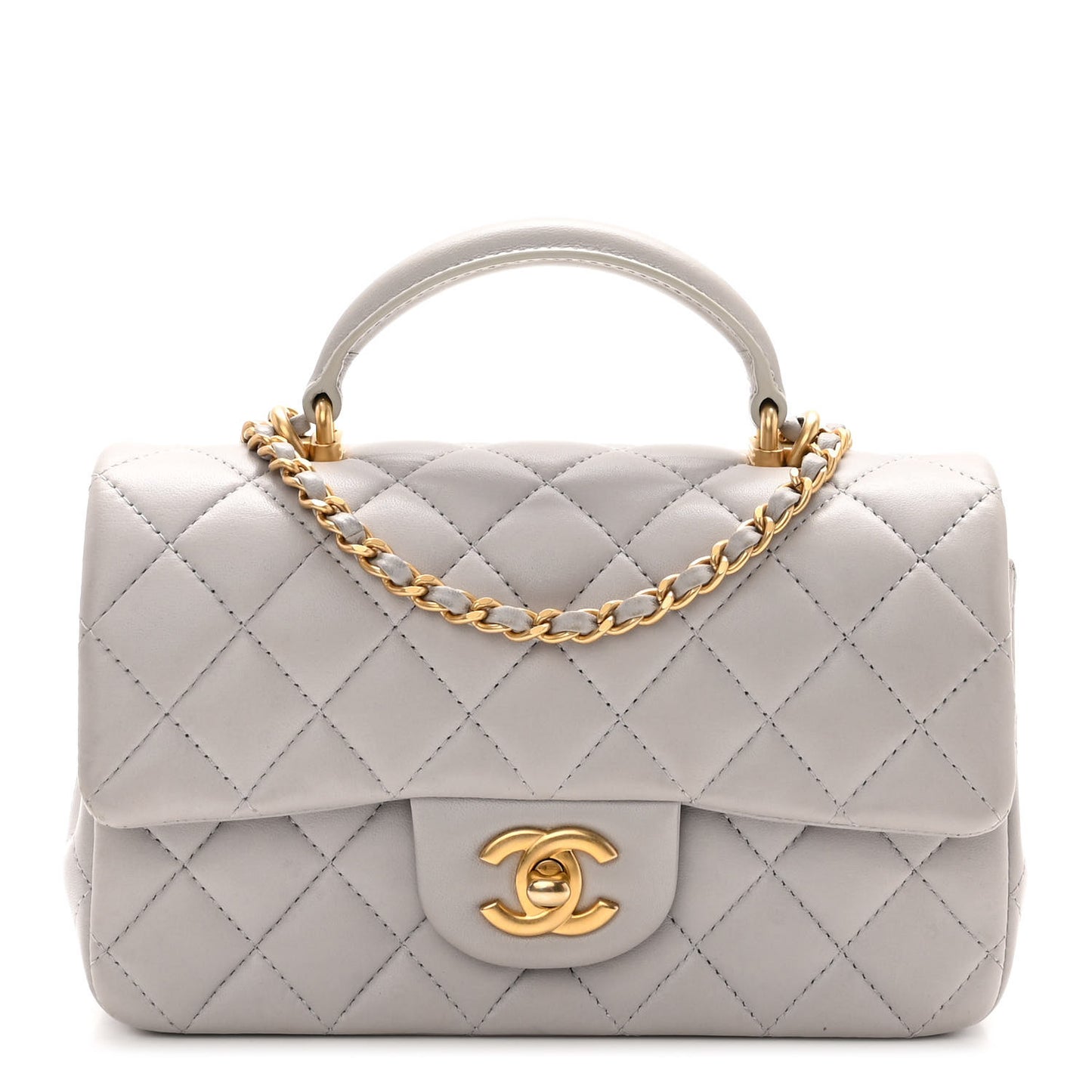 Lambskin Quilted Mini Top Handle Rectangular Flap Grey