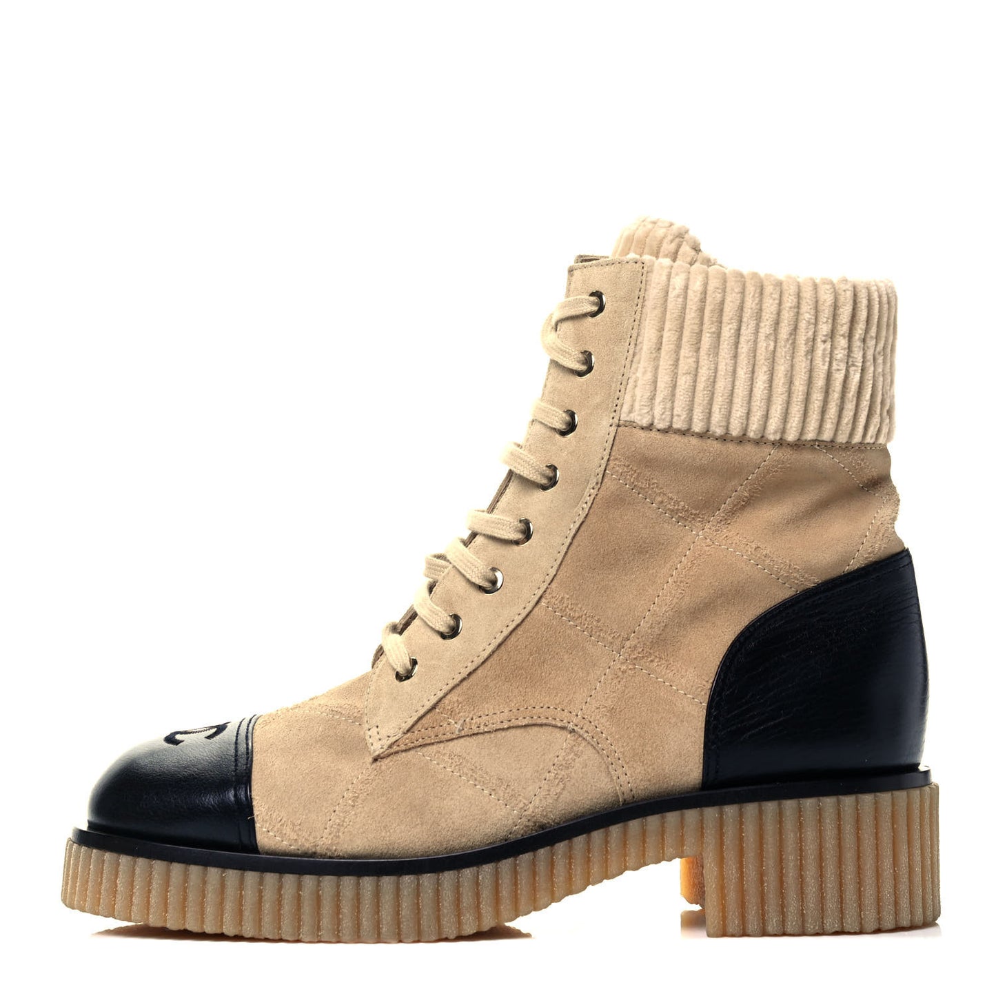 Suede Calfskin Velvet Quilted CC Combat Boots 41 Beige Black