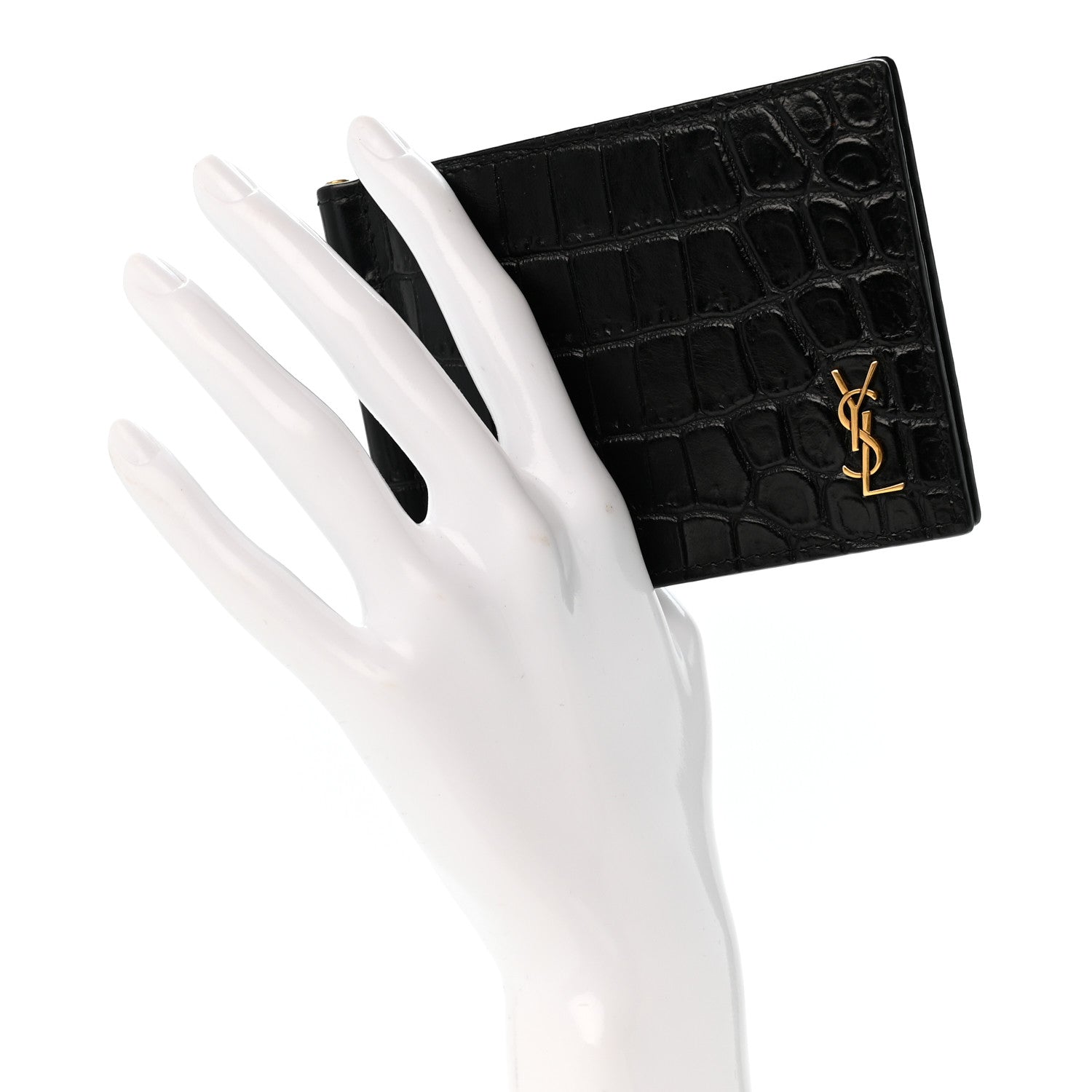 Saint Laurent Calfskin Crocodile Embossed Tiny Monogram Bill Clip Wallet Black 2 of 7