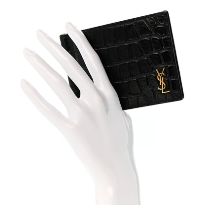 Saint Laurent Calfskin Crocodile Embossed Tiny Monogram Bill Clip Wallet Black 2 of 7