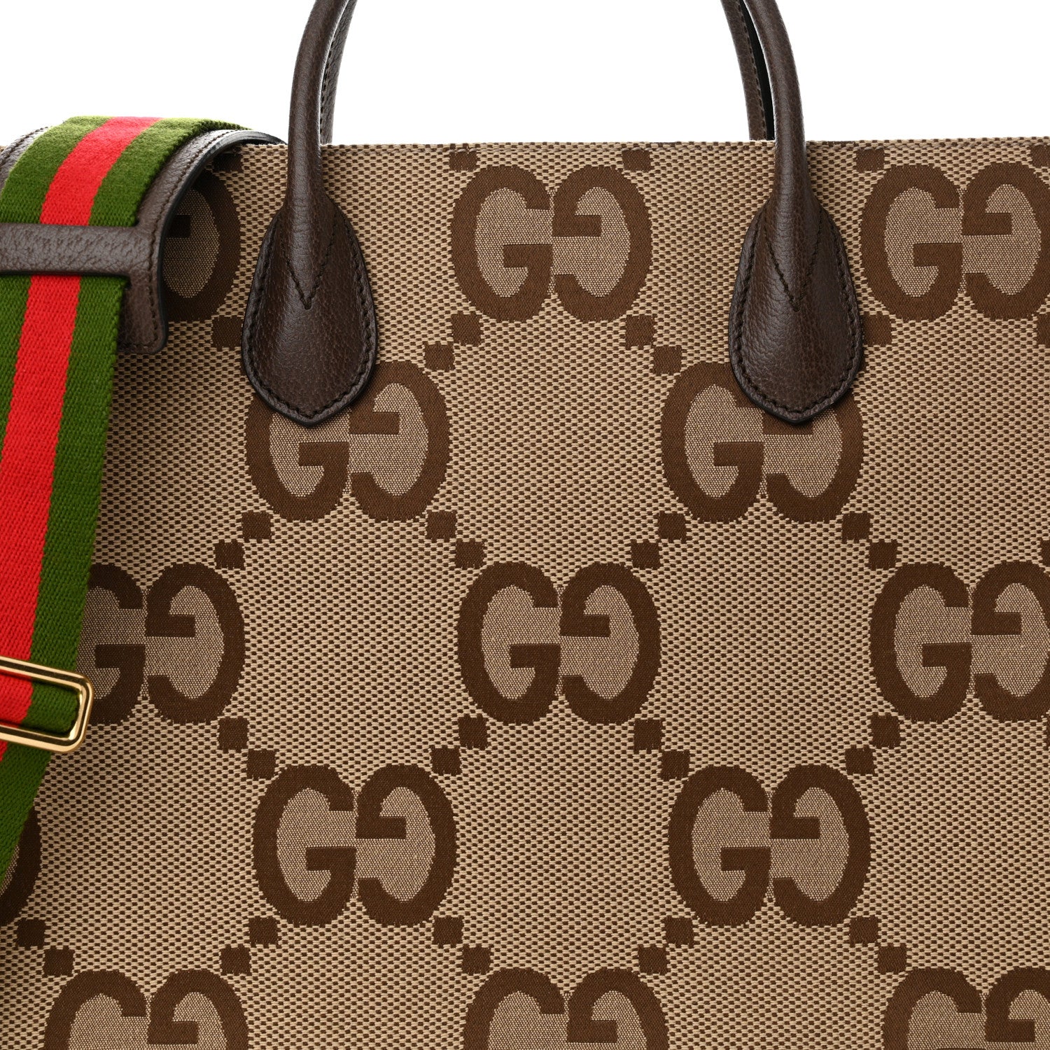 Gucci Monogram Jumbo GG Textured Dollar Calfskin Web Tote Bag Camel Ebony New Acero 7 of 10