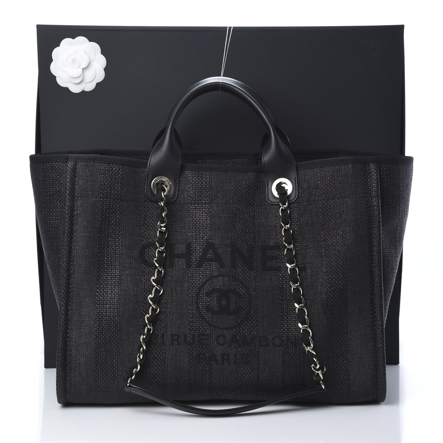 Mixed Fibers Calfskin Striped Medium Deauville Tote Black