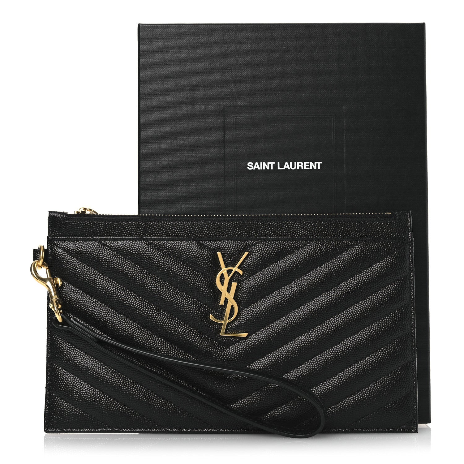 Saint Laurent Grain De Poudre Chevron Monogram Large Bill Pouch Black 9 of 9