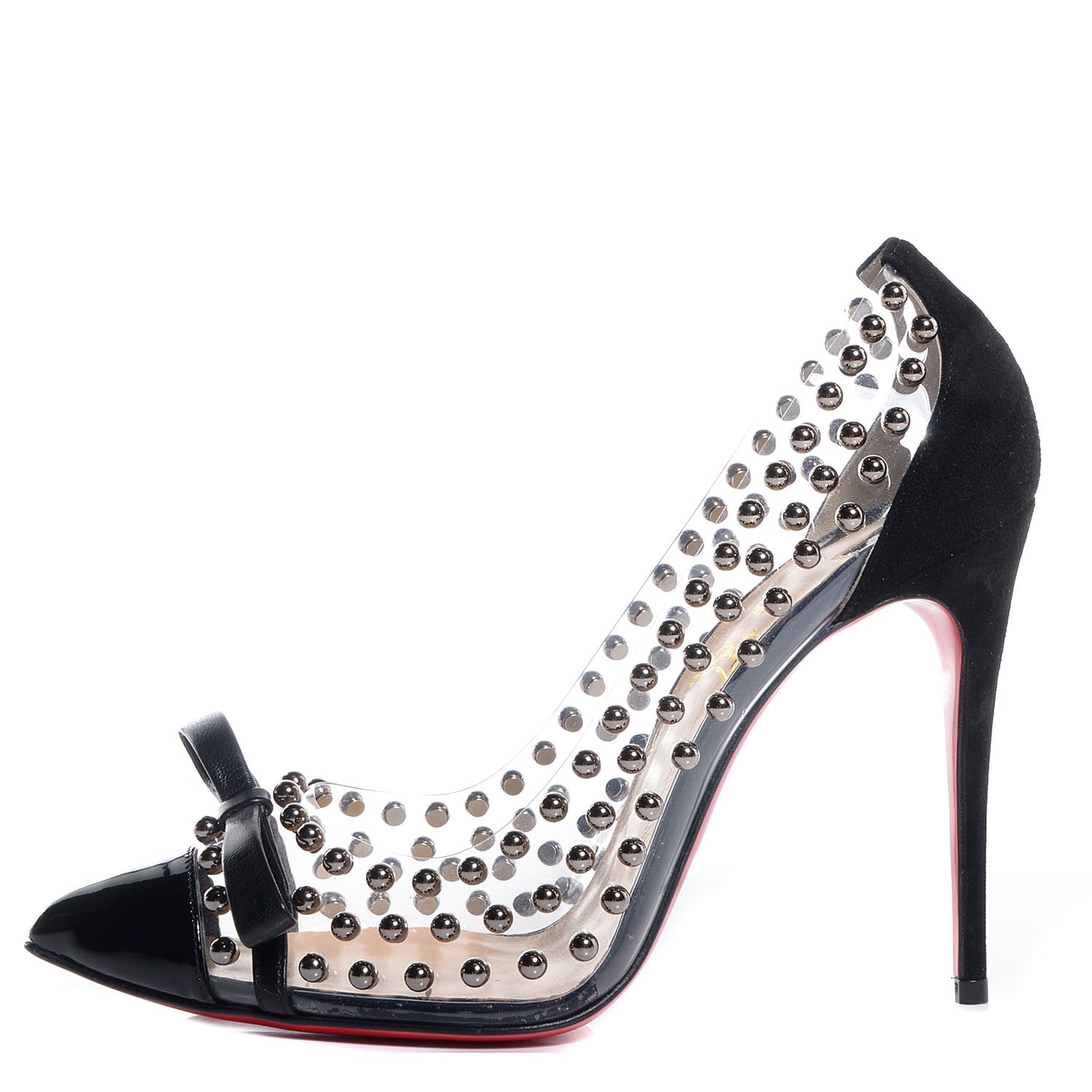 Christian Louboutin Suede Patent Bille et Boule 100 Studded Clear Bow Pumps Black 38 1 of 7
