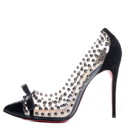 Christian Louboutin Suede Patent Bille et Boule 100 Studded Clear Bow Pumps Black 38 1 of 7
