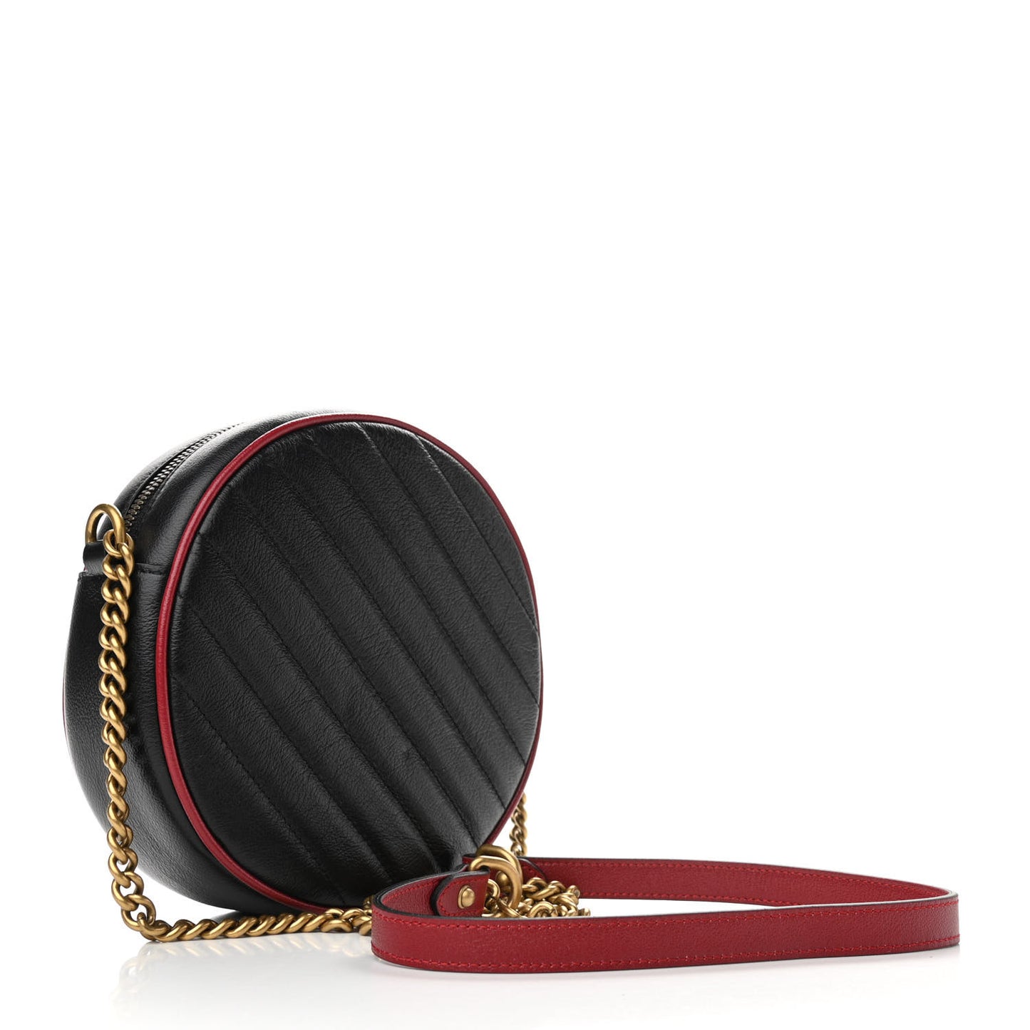 Vintage Effect Calfskin Matelasse Diagonal Mini Torchon GG Marmont Round Shoulder Bag Black Romantic Cherry