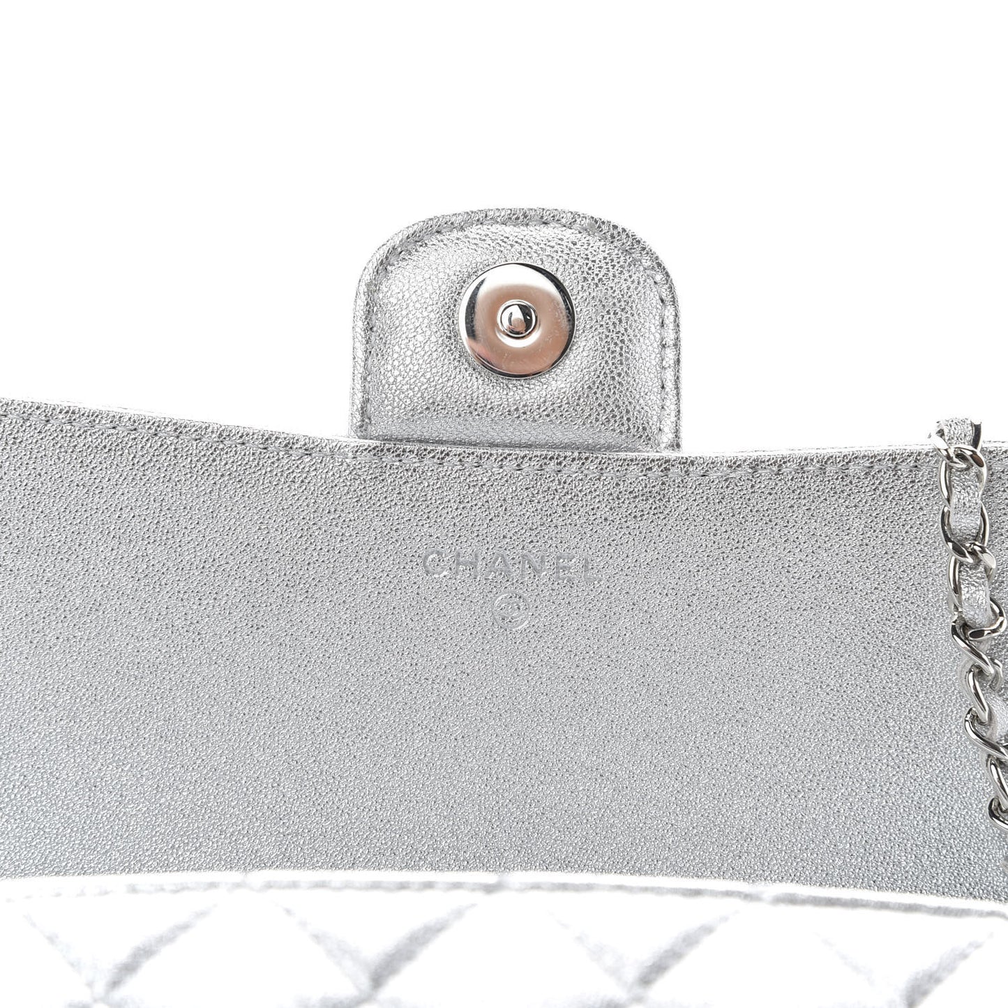 Metallic Lambskin Quilted Glasses Case With Chain Silver