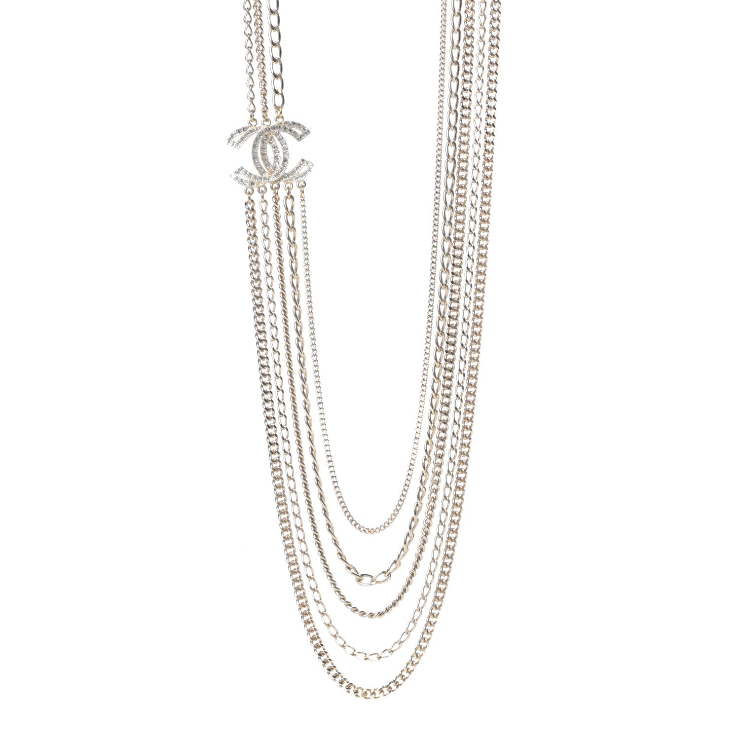 Chanel Multi Strand Chain Baguette Crystal CC Necklace Gold 1 of 5