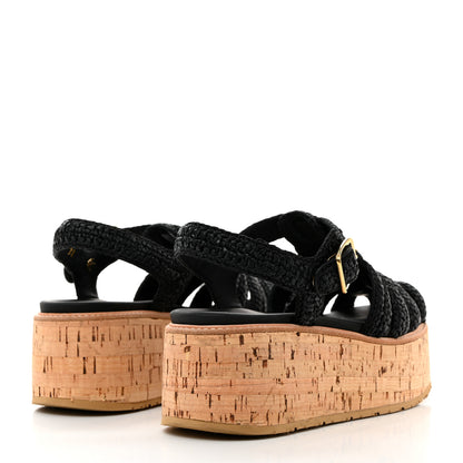 Prada Raffia Cork Metal Triangle Logo Crochet Fisherman Platform 75mm Sandals 38 Black 4 of 9