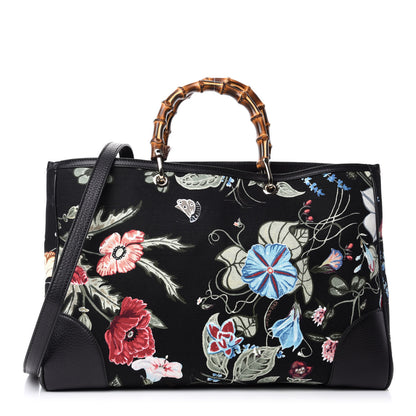 Gucci Canvas Cellarius Calfskin Flora Knight Large Bamboo Shopper Tote Black 1 of 10