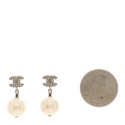 Chanel Crystal Pearl CC Drop Earrings Silver Pearly White 2 of 5