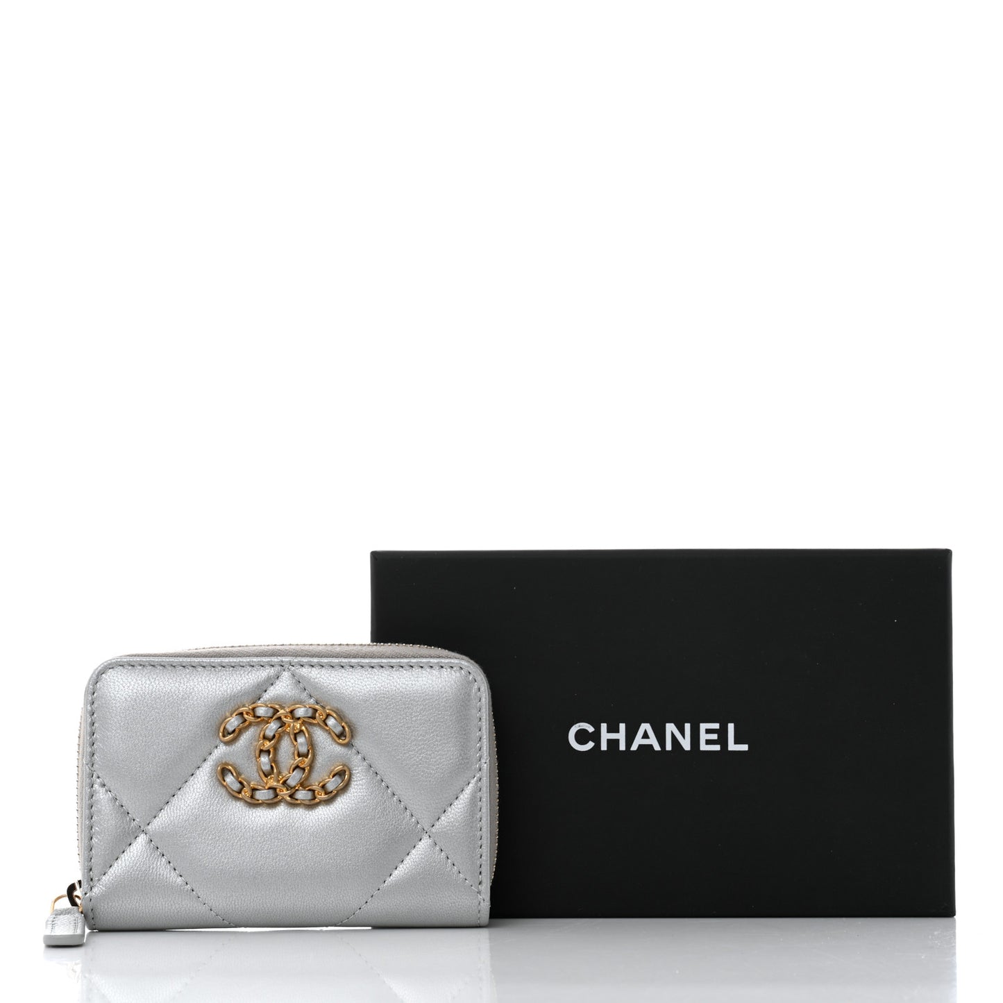 Metallic Lambskin Quilted Chanel 19 Zip Around Coin Purse Wallet Silver