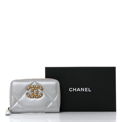 Chanel Metallic Lambskin Quilted Chanel 19 Zip Around Coin Purse Wallet Silver 8 of 8