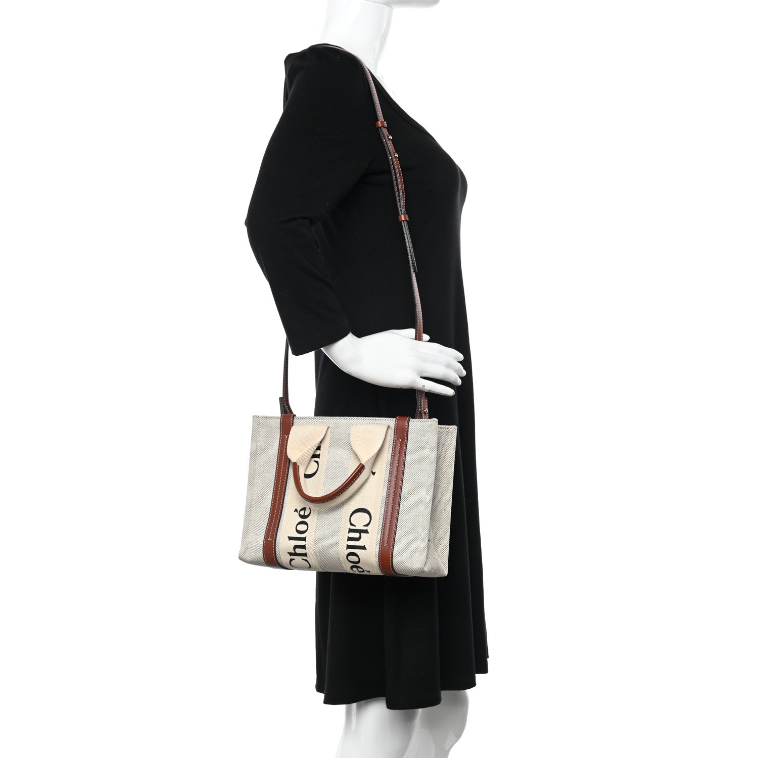Chloe Cotton Calfskin Small Woody Ribbon Tote With Strap White Brown 2 of 10