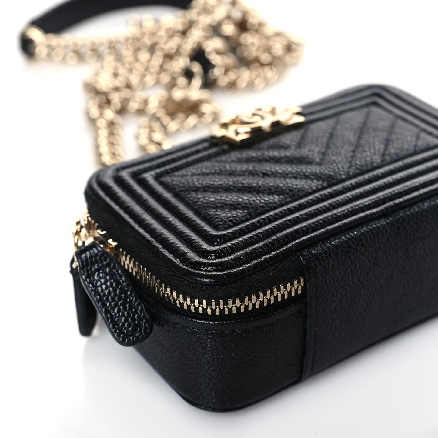 Caviar Chevron Quilted Mini Boy Clutch With Chain Black