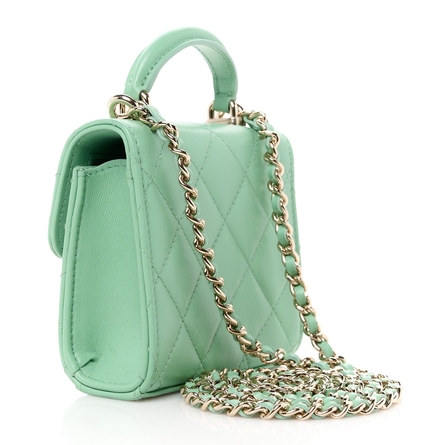 Lambskin Quilted Top Handle Flap Clutch With Chain Light Green