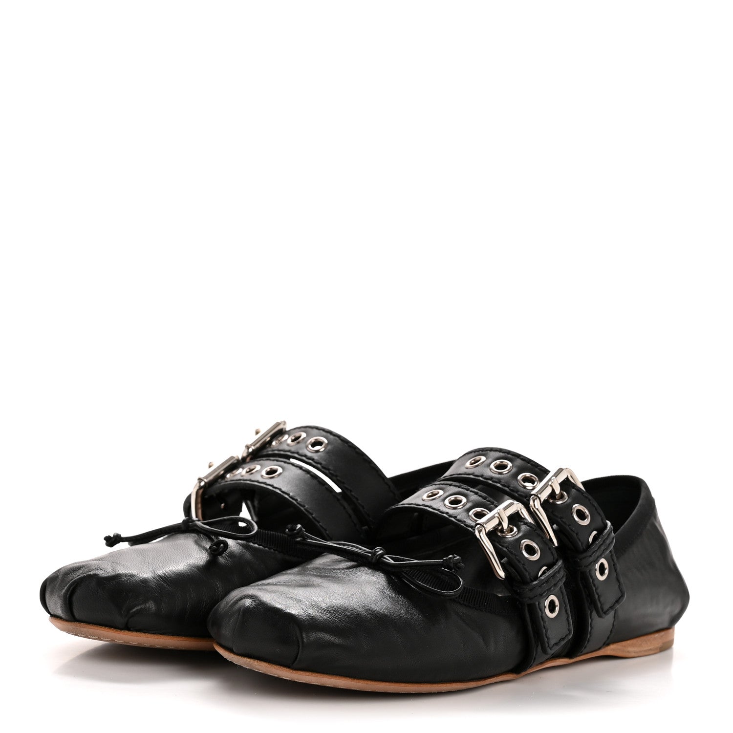 Miu Miu Nappa Vitello Nevada Double Buckle Ballerina Flats 36.5 Black 4 of 11