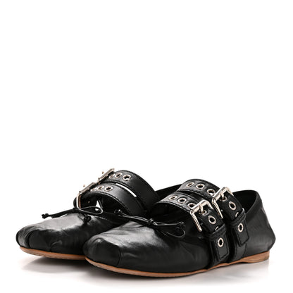 Miu Miu Nappa Vitello Nevada Double Buckle Ballerina Flats 36.5 Black 4 of 11