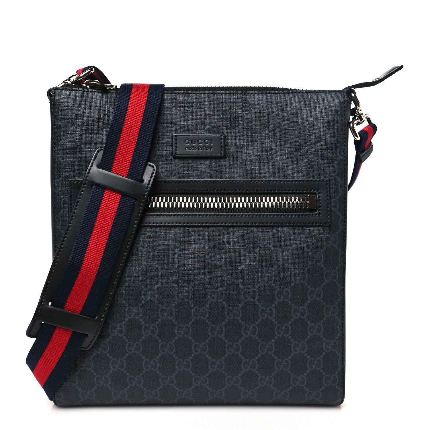 Gucci GG Supreme Monogram Web Small Flat Messenger Bag Black Grey 1 of 10