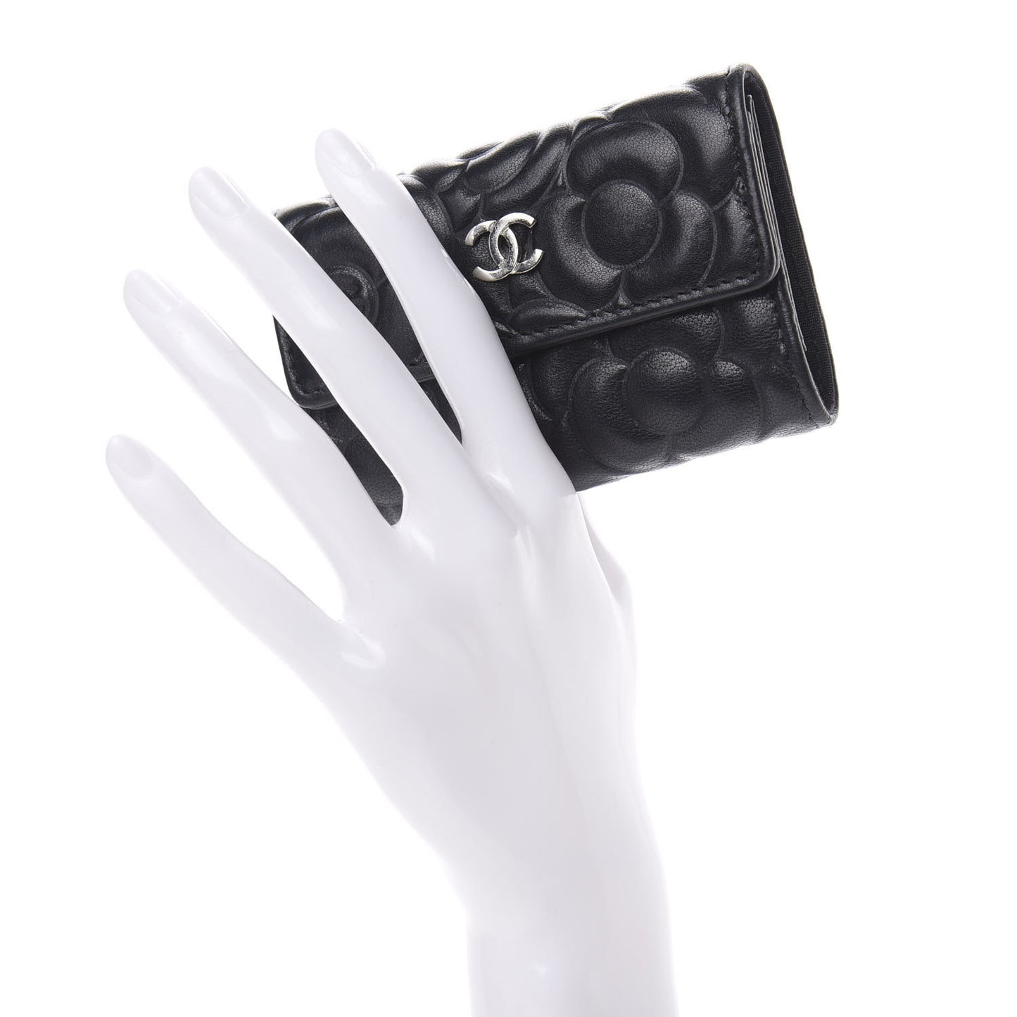 Goatskin Camellia Embossed 4 Key Holder Black