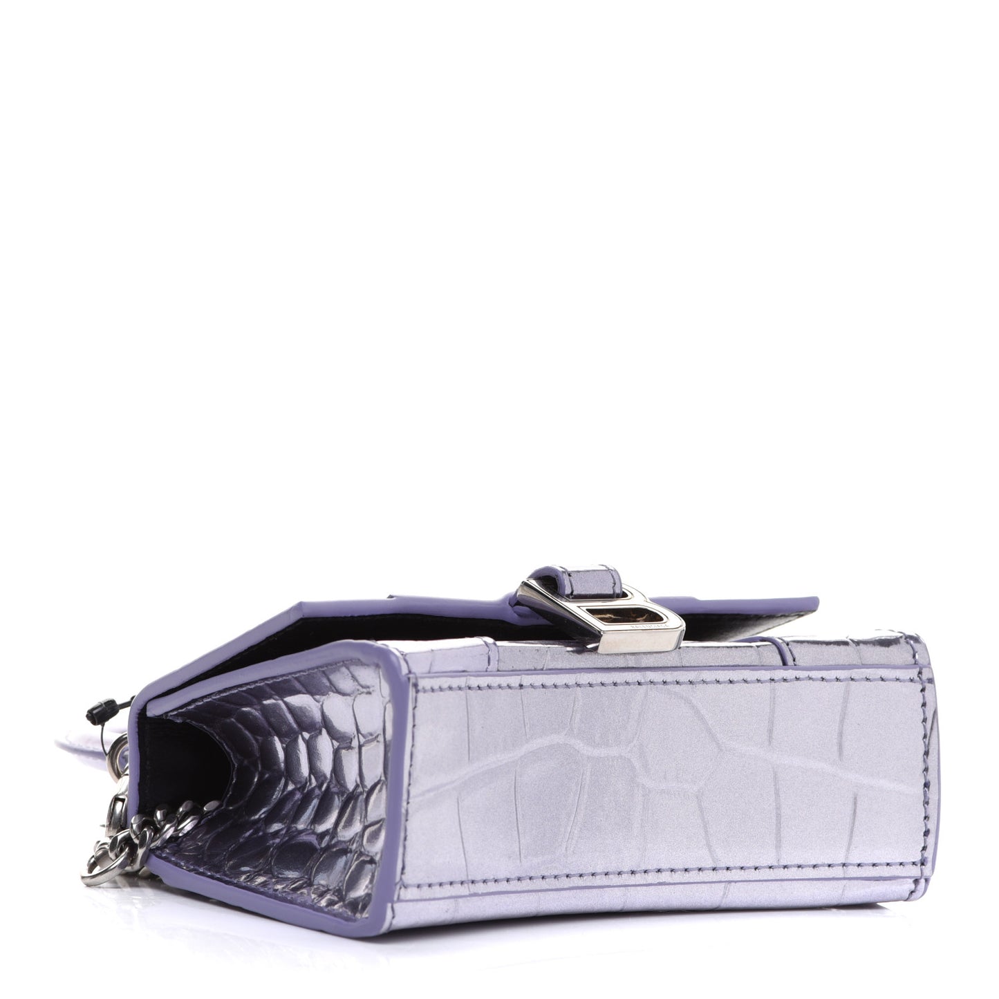 Metallic Calfskin Crocodile Embossed Hourglass Top Handle Bag Mini with Chain Lilac