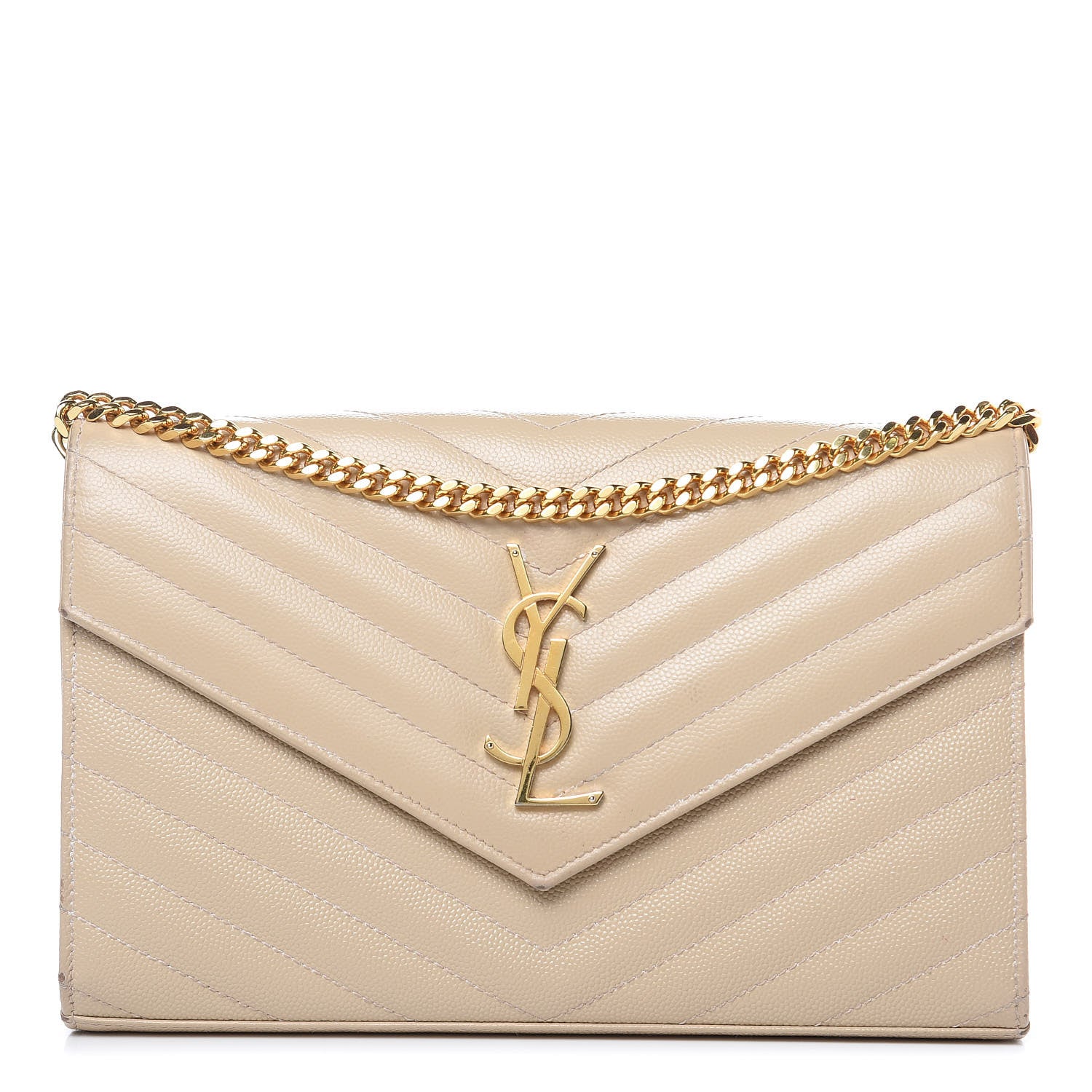 Saint Laurent Grain De Poudre Matelasse Chevron Monogram Chain Wallet Deep Beige 1 of 18