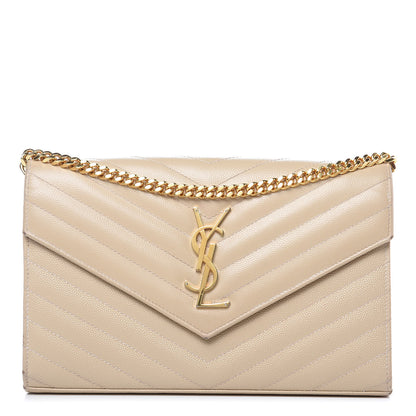 Saint Laurent Grain De Poudre Matelasse Chevron Monogram Chain Wallet Deep Beige 1 of 18