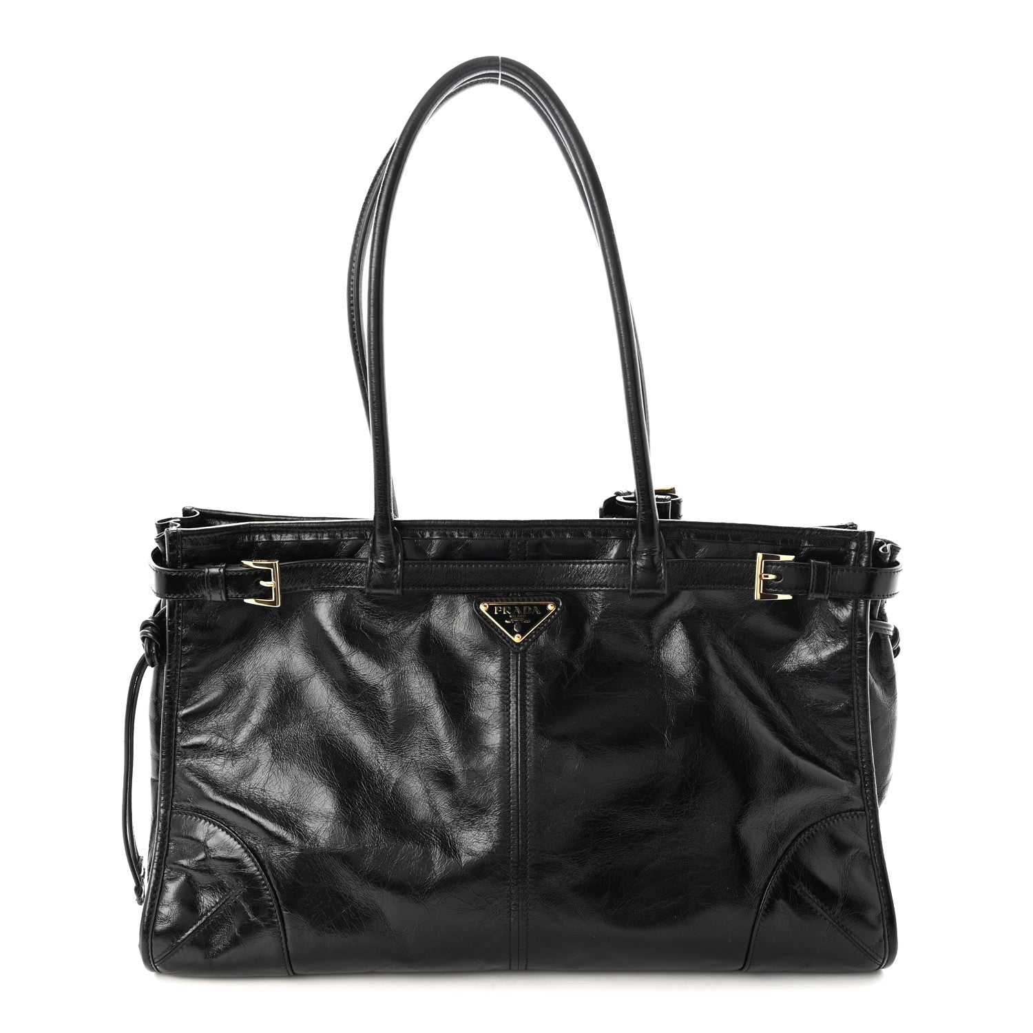 Prada Glossy Calfskin Triangle Large Bonnie Shoulder Bag Black 1 of 9