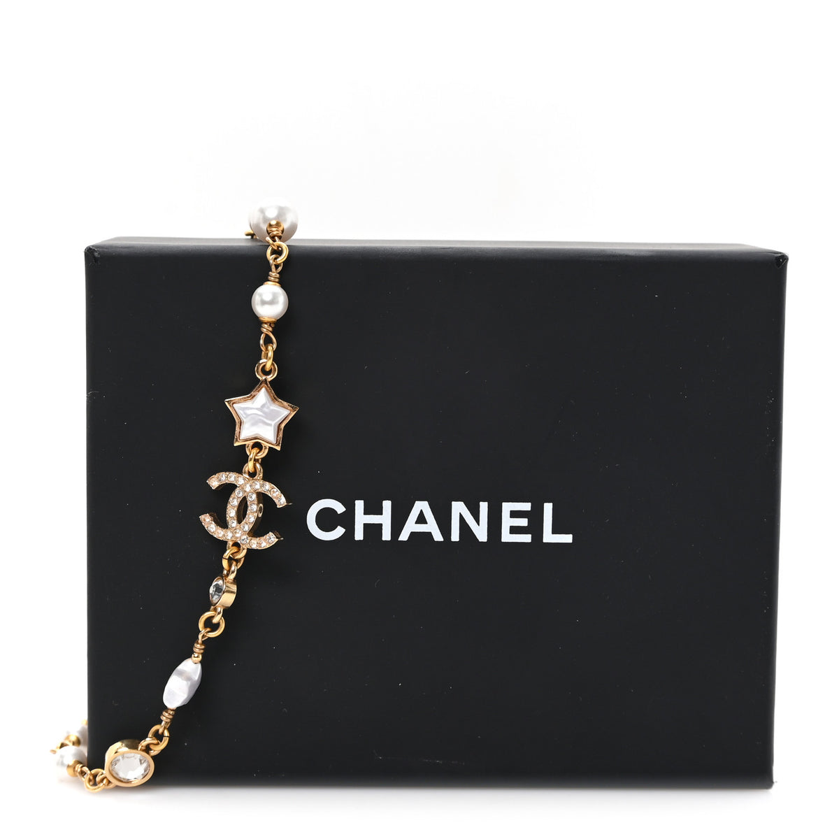 Chanel Metal Crystal Pearl CC Star Gold Pearly White 5 of 5